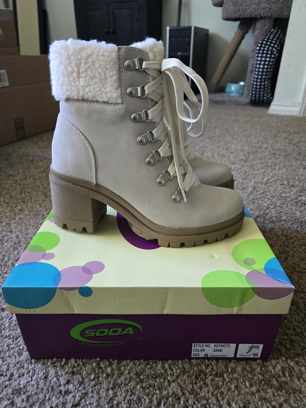Soda Cream Lace-Up Faux Shearling Block Heel Boots